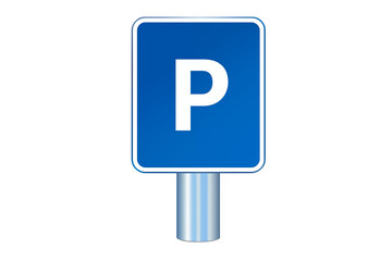 A blue parking sign with a white p on a silver pole against a black background in a square format transparent backgroundpng