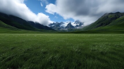 Fototapeta premium Lush green meadow stretches before majestic snow-capped mountains. Clouds drift across the vibrant sky