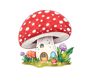 Enchanting Mushroom Home, A whimsical illustration of an adorable mushroom house with polka dots invites you into a magical world of miniature dwellings and fairy tales