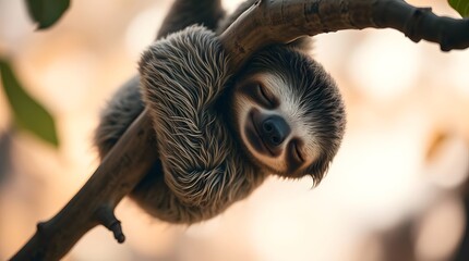 Sleepy sloth hangs from tree branch in jungle