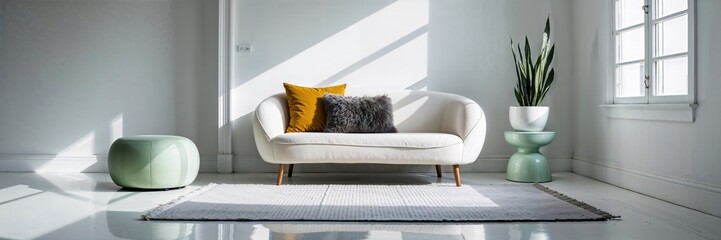 Generative AI, Bright minimalist living room with yellow pillow