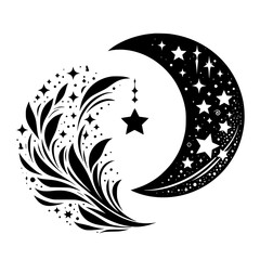 Black & White Crescent Moon & Starry Floral Ornament, Boho Style