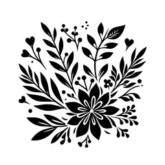 Black and White Floral Silhouette Arrangement, Vector Illustration