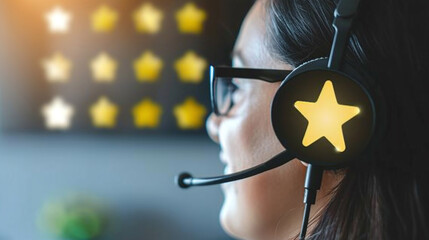 Close-up of a smiling support representative wearing a headset with a glowing star, symbolizing excellent customer service and satisfaction