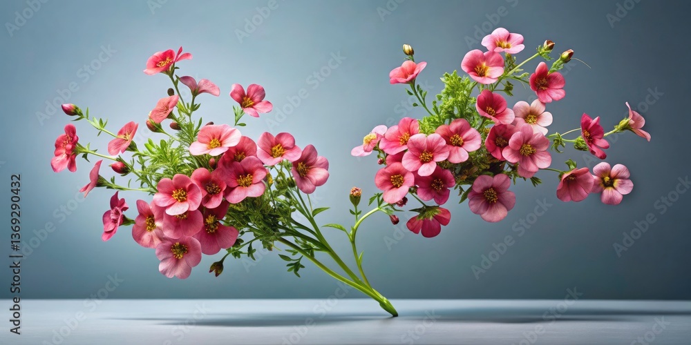 Poster dynamic flat lay of diascia twins on solid color backdrop for bold design elements and copy space