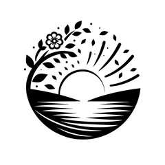 Minimalist Sunrise with Flower and Water, Black and White Vector