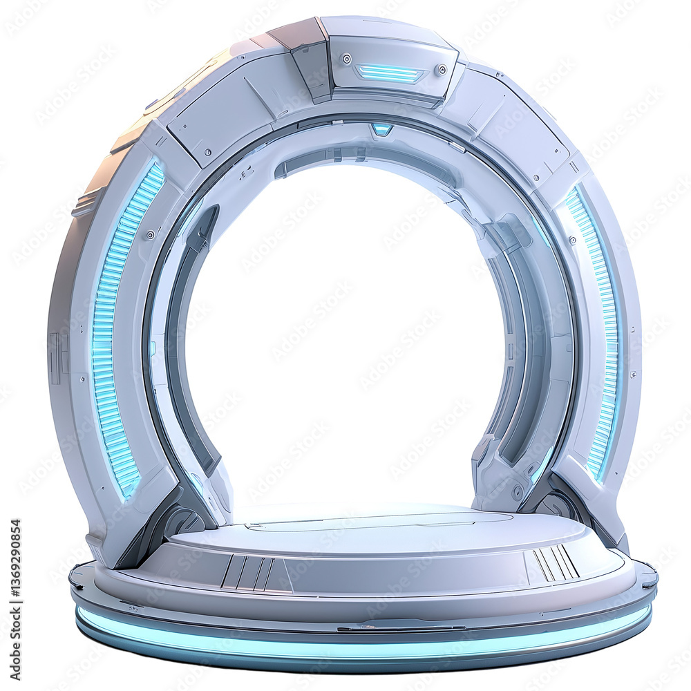 Poster futuristic portal with platform for product presentation isolated on transparent background