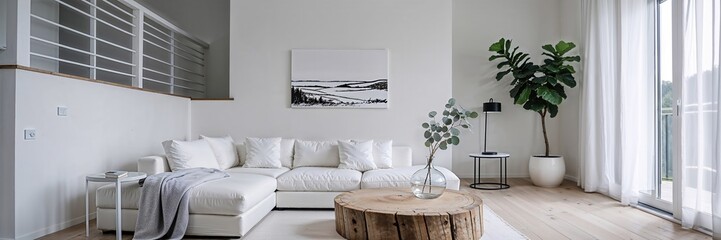 Generative AI, Scandinavian minimalist living room with white sectional and wood accents