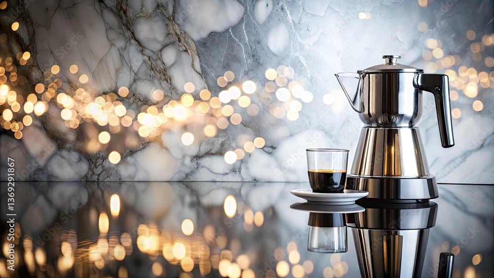 Poster elegant double exposure coffee maker with bokeh background on marble surface, glass reflection effec