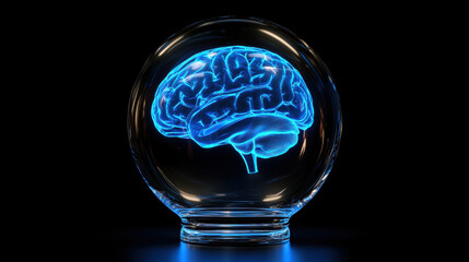 A glowing brain enclosed in a glass sphere against a dark background