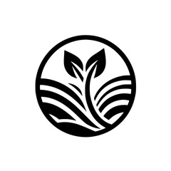 Minimalist Organic Farm Logo: Fields & Leaves in Circle, Black & White