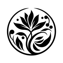 Minimalist Floral Emblem in a Circle, Black and White, Vector Design