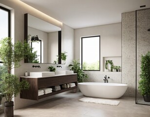 Modern minimalist bathroom with neutral tones, sleek fixtures, a freestanding bathtub, large mirrors, and natural light streaming through a window, featuring eco-friendly materials and clean lines.
