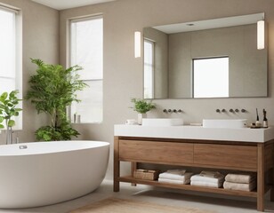 Modern minimalist bathroom with neutral tones, sleek fixtures, a freestanding bathtub, large mirrors, and natural light streaming through a window, featuring eco-friendly materials and clean lines.