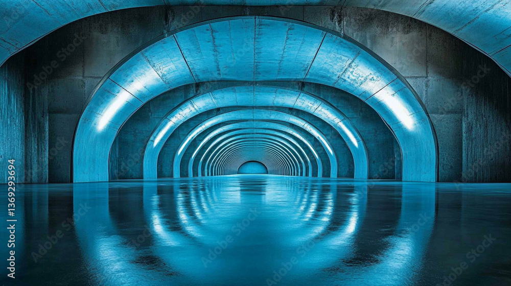 Poster a futuristic tunnel with blue lighting and reflections creating an endless perspective view point