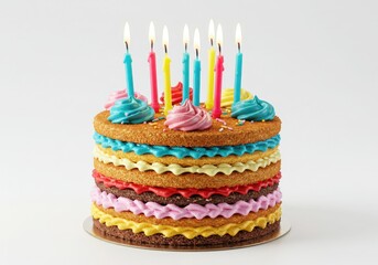 A colorful layered birthday cake with whipped frosting, candles, and a clean white background