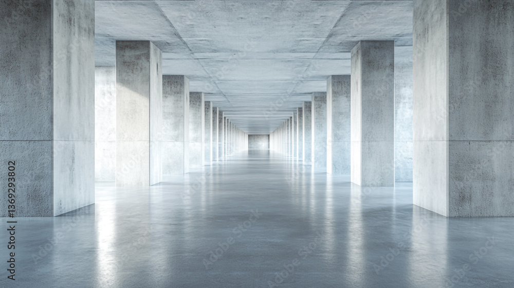 Aufkleber endless corridor of concrete pillars with reflective floor creating a sense of depth and perspective