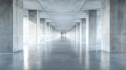 Endless corridor of concrete pillars with reflective floor creating a sense of depth and perspective