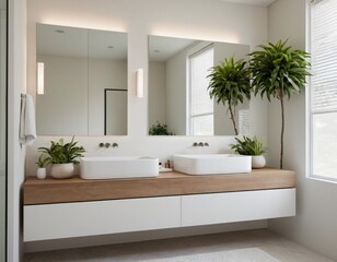 Modern minimalist bathroom with neutral tones, sleek fixtures, a freestanding bathtub, large mirrors, and natural light streaming through a window, featuring eco-friendly materials and clean lines.