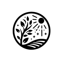 Circle Logo: Black & White Nature Scene, Tree, Sun, Stars