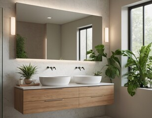 Modern minimalist bathroom with neutral tones, sleek fixtures, a freestanding bathtub, large mirrors, and natural light streaming through a window, featuring eco-friendly materials and clean lines.