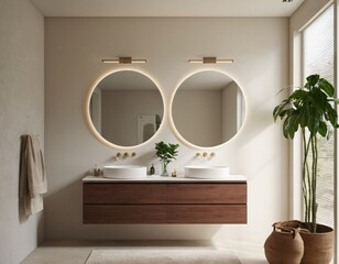 Modern minimalist bathroom with neutral tones, sleek fixtures, a freestanding bathtub, large mirrors, and natural light streaming through a window, featuring eco-friendly materials and clean lines.