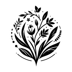 Elegant Floral Silhouette Illustration: Black and White Botanical Design