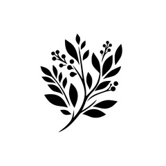 Minimalist Black Leafy Branch Silhouette on White Background