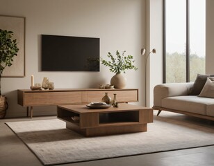Modern minimalist living room with sleek fixtures, neutral tones, natural light, and a touch of greenery, showcasing a spacious and calming atmosphere.