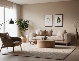 Modern minimalist living room with sleek fixtures, neutral tones, natural light, and a touch of greenery, showcasing a spacious and calming atmosphere.