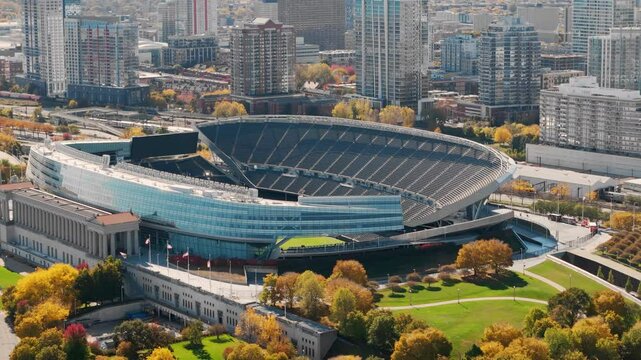Aerial shot of stadium in downtown Chicago during autumn.