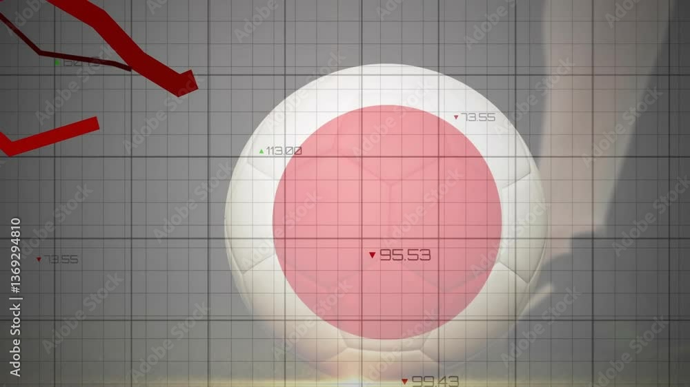 Poster animation of red downward arrows with numerical data on grid background