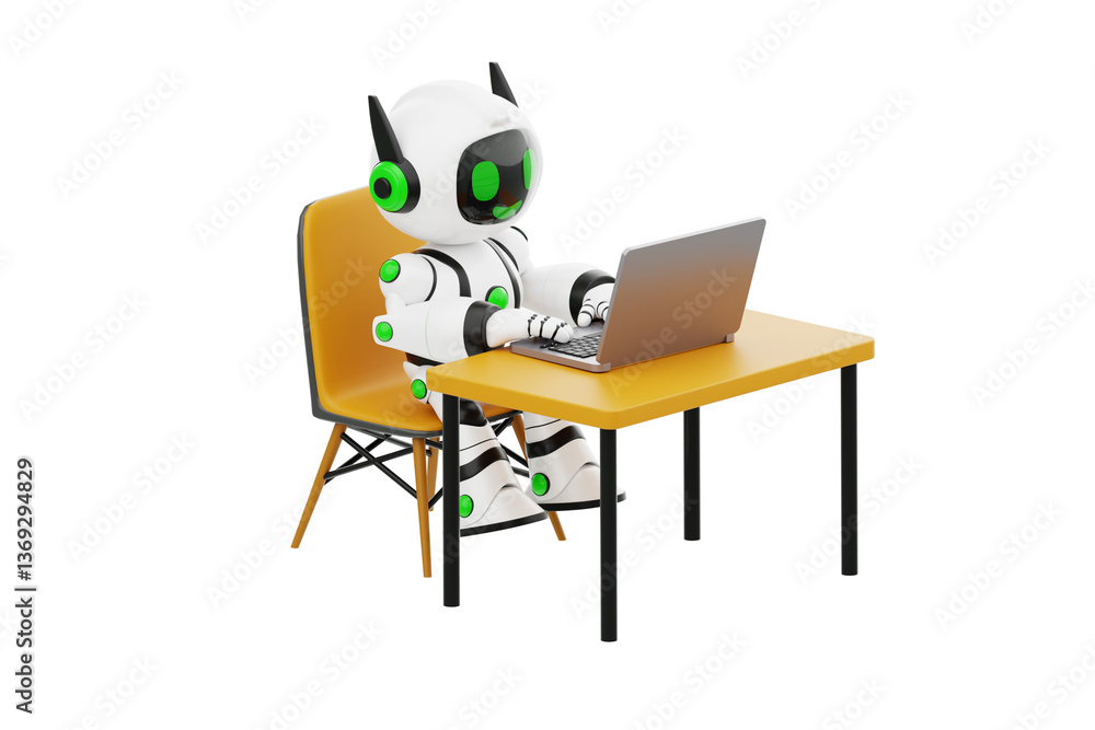 Poster ai robot using laptop 3d character illustration.
