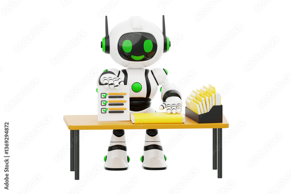Poster ai robot sorting documents on a desk 3d character illustration.