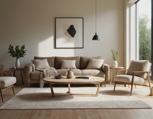 Modern minimalist living room with sleek fixtures, neutral tones, natural light, and a touch of greenery, showcasing a spacious and calming atmosphere.