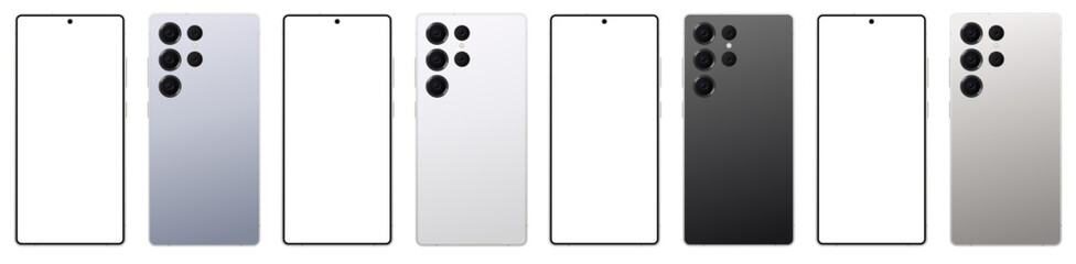 New Smartphone Mockup in four different color, silverblue, white silver, gray, and titanium black. Smartphone mockup white screen. Front and Back View