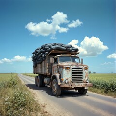 Truck Transporting Heavy Load Driving on Rural Road During Daytime