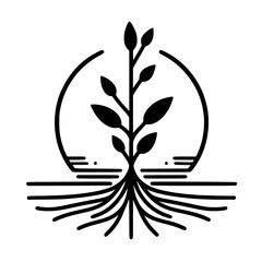 Minimalist Plant Logo: Roots, Stem, Leaves, and Circular Design on White