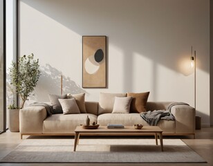 Modern minimalist living room with sleek fixtures, neutral tones, natural light, and a touch of greenery, showcasing a spacious and calming atmosphere.