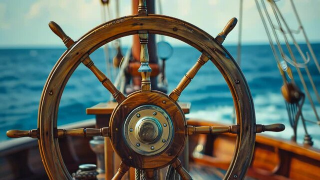 Wooden ship's wheel on deck at sea