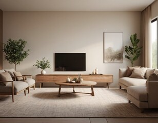 Modern minimalist living room with sleek fixtures, neutral tones, natural light, and a touch of greenery, showcasing a spacious and calming atmosphere.