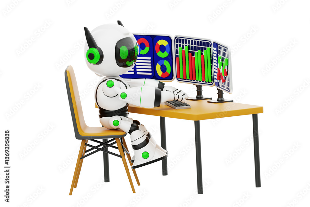 Aufkleber office robot analyzing data 3d character illustration.