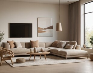 Modern minimalist living room with sleek fixtures, neutral tones, natural light, and a touch of greenery, showcasing a spacious and calming atmosphere.