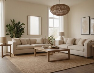 Modern minimalist living room with sleek fixtures, neutral tones, natural light, and a touch of greenery, showcasing a spacious and calming atmosphere.