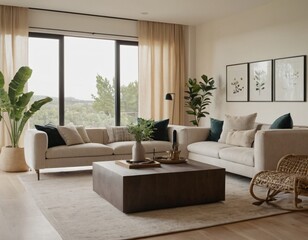 Modern minimalist living room with sleek fixtures, neutral tones, natural light, and a touch of greenery, showcasing a spacious and calming atmosphere.