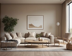 Modern minimalist living room with sleek fixtures, neutral tones, natural light, and a touch of greenery, showcasing a spacious and calming atmosphere.