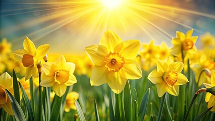 Macro Spring Daffodils: Close-Up Yellow Flowers Sun Rays Field Nature Photography