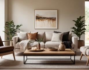Modern minimalist living room with sleek fixtures, neutral tones, natural light, and a touch of greenery, showcasing a spacious and calming atmosphere.