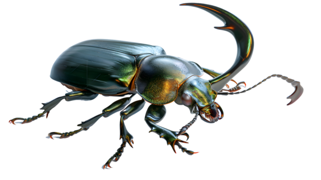 A detailed closeup of a vibrant beetle with iridescent colors and prominent mandibles ideal f