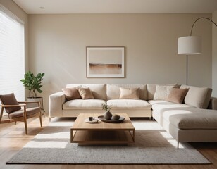 Modern minimalist living room with sleek fixtures, neutral tones, natural light, and a touch of greenery, showcasing a spacious and calming atmosphere.